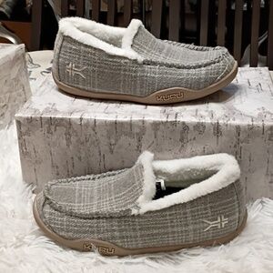 KURU Loft Women's Gray Plaid Slippers White Faux Fur Lining Arch Supportive